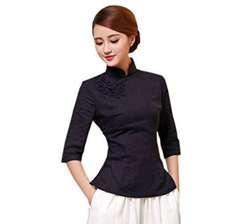 ACVIP Damen Reine Farbe Sieben Punkten Ärmel Klassisch Cheongsam Bluse (EU 40/ Chinese XL, Dunkelblau) von ACVIP