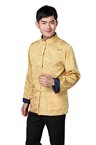 ACVIP Herren Hemd Tang-Anzug Oberseiten Beide Seiten Kung Fu Jacke Chinesische Kostüme(Gold+Dunkelblau, L: Büste 116cm) von ACVIP