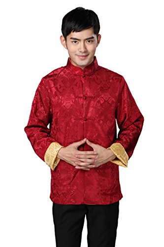 ACVIP Herren Hemd Tang-Anzug Oberseiten Beide Seiten Kung Fu Jacke Chinesische Kostüme(Rot+Gold, 2XL: Büste 124cm) von ACVIP
