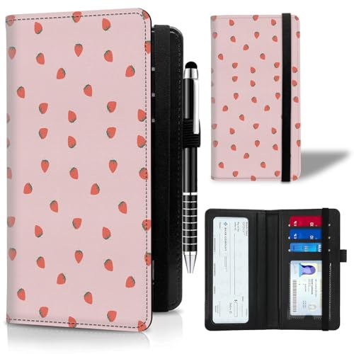 ACWDMKH Scheckbuchhülle aus Leder für Männer und Frauen, persönlicher Scheckbuchhalter, RFID-blockierend, für doppelte Schecks, mit einem Stift,, Rosa Erdbeere, Checkbook Cover von ACWDMKH