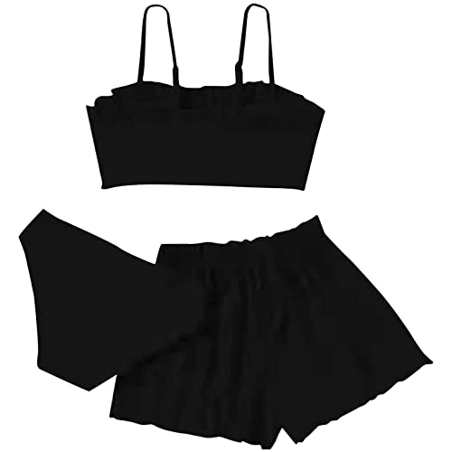 ACWERT BadeanzüGe FüR MäDchen Kleinkind-Mädchen 3-teilige Badeanzüge Soild Bikini Rullfe Badeanzug Slips Mädchen-Bikini-Badebekleidungs-Set BadeanzüGe FüR MäDchen (Black, 14-16 Years) von ACWERT