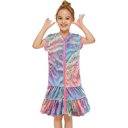 ACWERT MäDchen Dress Kleid mit Mütze,Schwimmen Kurze Ärmel Strand Badetücher Badekleidung MäDchen Kleider Sommer Kinder-Badeanzug-Vertuschung Strandkleid mit Reißverschluss (B-violett, 8-9 Years) von ACWERT