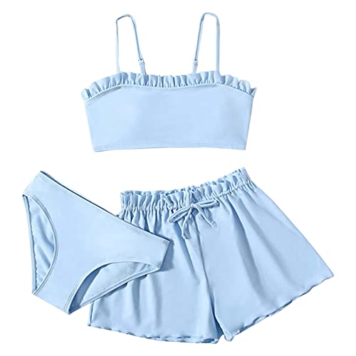 ACWERT MäDchen Einteiliger BadeanzüGe Kleinkind-Mädchen 3-teilige Badeanzüge Soild Bikini Rullfe Badeanzug Slips Mädchen-Bikini-Badebekleidungs-Set MäDchen Einteiliger BadeanzüGe (Blue, 10-12 Years) von ACWERT