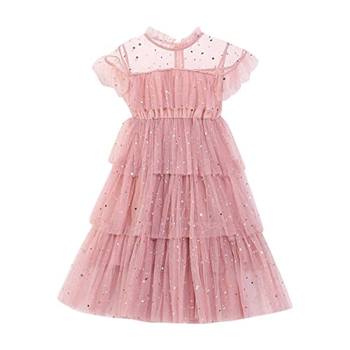 ACWERT MäDchen Kinder Jerseykleid Mit BindegüRtel Kleinkind Fliegen Ärmel Stern Mond Paillette Prinzessin Kleid Tanzparty Rüschen Kleider Kleidung MäDchen Kleider Hochzeit (Pink, 3-4 Years) von ACWERT