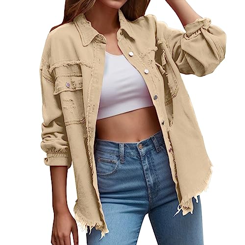 Deman Leicht Langarm Übergangsjacke Knopfleiste Tasche Fashion Einfarbiges Vintage Denim Jacket Gewaschene Zerrissene Jeansjacke Klassisches Casual Stil Outdoor Herbstjacke Wanderjacke (Khaki, XXL) von ACWERT