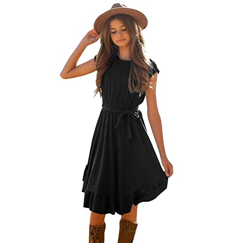 Feste Rüschen Kleid im Stil für Mädchen,Strand Mädchen Unabhängigkeitstag Neujahr Kleid Langarm Kleid Grün Prinzessin Kleid Warme mit Tasche Mädchen Kleider Teenager Sommerkleid (Black, 11-12 Years) von ACWERT