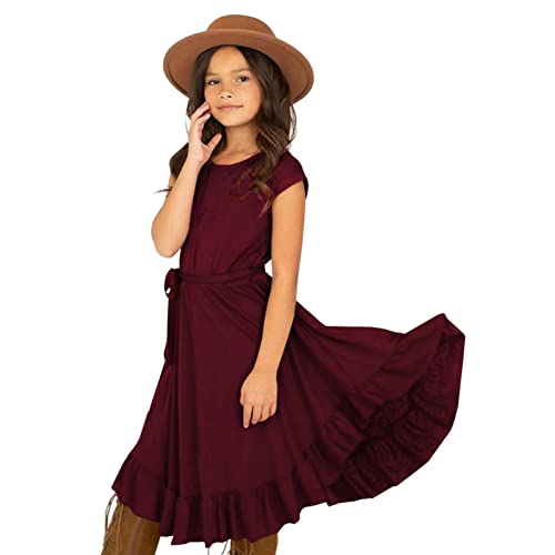 Feste Rüschen Kleid im Stil für Mädchen,Strand Mädchen Unabhängigkeitstag Neujahr Kleid Langarm Kleid Grün Prinzessin Kleid Warme mit Tasche Mädchen Kleider Teenager Sommerkleid (Wine, 9-10 Years) von ACWERT