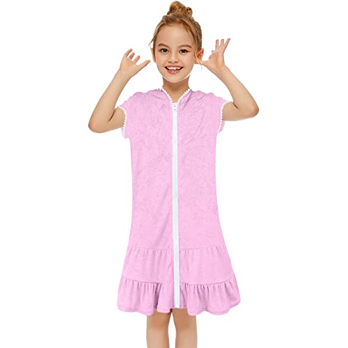 MäDchen Dress Kleid Kleine Mädchen Schwimmen Vertuschen Kinder-Badeanzug-Vertuschung mit Reißverschluss Strand-Badeanzug mit Kapuze Bademantel saugfähige Frottee-Strandkleid (A-rosa, 8-9 Years) von ACWERT