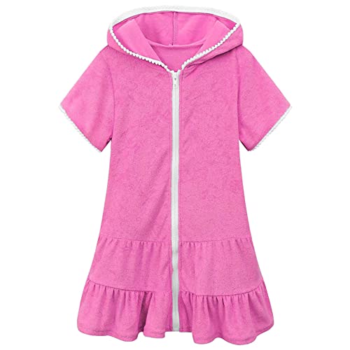 MäDchen Dress Kleid Kleine Mädchen schwimmen vertuschen Kinder-Badeanzug-Vertuschung mit Reißverschluss Strand-Badeanzug mit Kapuze Bademantel saugfähige Frottee-Strandkleid (Hot Pink, 3-4 Years) von ACWERT