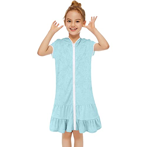 MäDchen Dress Kleid Kleine Mädchen schwimmen vertuschen Kinder-Badeanzug-Vertuschung mit Reißverschluss Strand-Badeanzug mit Kapuze Bademantel saugfähige Frottee-Strandkleid MäDchen (Green, 8-9 Years) von ACWERT