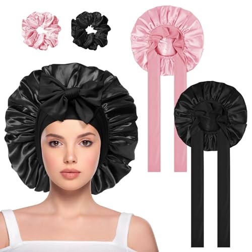 ACWOO 2 Stück Seidenhaube zum Schlafen, Schlafhaube Seide Verstellbare Satin Haarhaube Atmungsaktive Haarhaube für die Nacht Weiche Silk Bonnet Schlafmütze, Satin Haarhaube für Damen und Mädchen von ACWOO