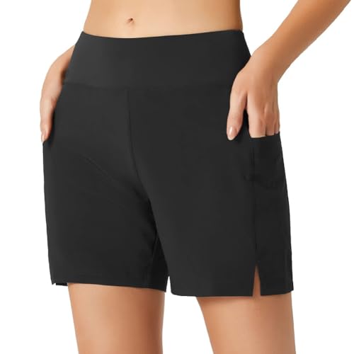 ACWOO Damen Badeshorts Schwimmen,Damen Badeshorts Bauchkontrolle, Schwimmshorts Schnell Trocknend,Bikini Shorts High Waisted Trunks mit Taschen, Sommer Sport Gym Shorts kühles, schnell Schwarz (M) von ACWOO