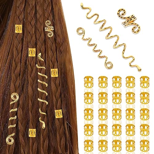 ACWOO Dreadlock Schmuck, 53 Stück Verstellbar Haarspiralen Clips Haar Geflecht Ringe, Metall Cuffs Haar Dreadlocks Zubehör, Haarschmuck Festival Haarringe für Zöpfe Für Männer Und Frauen, Golden von ACWOO