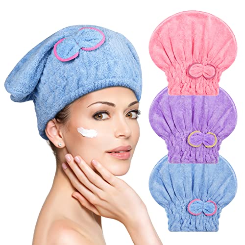 ACWOO Haarturban Handtuch, 3 Stück Mikrofaser Turban Haartrockentuch Haarturban, Kopftuch Handtuch für Lange Haar, Schnelltrocknend Haarhandtücher (Blau+Pink+Lila) von ACWOO