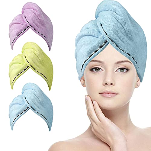 ACWOO Handtuch Haarturban Mikrofaser, 3 Stück Turban Handtücher Schnelltrocknend mit Knopf und 6 Haargummis, Weich Saugstark Haarhandtuch Kopfhandtuch Duschhaube Damen für Haaren von ACWOO