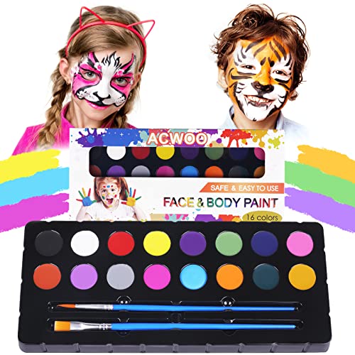 ACWOO Kinderschminke Set, 16 Farben Schminkpalette Mädchen, Waschbar Face Paint Bodypaint Schminkset für Kinder und Erwachsene mit 2 Pinsel, für Halloween Weihnachten Karneval Make-up Fasching von ACWOO