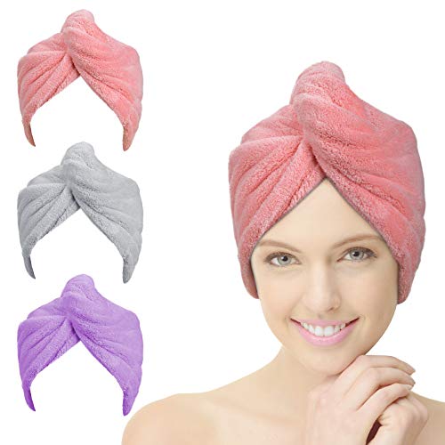 ACWOO Handtuch Haarturban, 3 Stück Turban Haartrockentuch Mit Knopf, Kopftuch für Lange Haar, Schnelltrocknend Mikrofaser Handtuch, Weich Saugstark von ACWOO