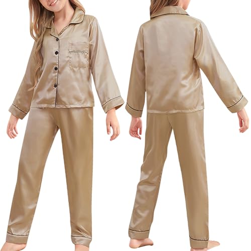 ACWOO Kinder Mädchen Schlafanzüge Langarm Satin, Satin-Pyjama-Set für Mädchen Schlafanzüge Button-Down Oberteil + Hose, Zweiteilig Nachtwäsche 10-11 Jahre von ACWOO
