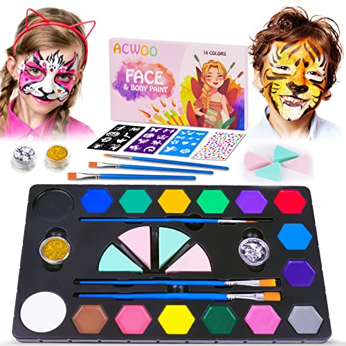 ACWOO Kinderschminke,16 Farben Weihnachten Schminkfarben Schminkpalette mädchen,Face Paint Bodypaint Schminkset,Körperfarbe Kinder mit 3 Pinsel,2 Glitzer und 4 Schwämme für Halloween Karneval Fasching von ACWOO