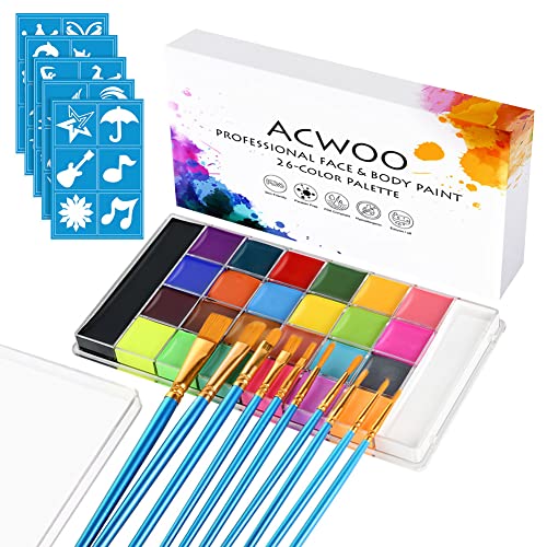 ACWOO Kinderschminke, 26 Farben Schminkfarben Schminkpalette Set, Face Paint Bodypaint Schminkset, Körperfarbe Kinder mit 10 Pinsel und 30 Tattoos für Weihnachten Halloween Karneval Make-up Fasching von ACWOO