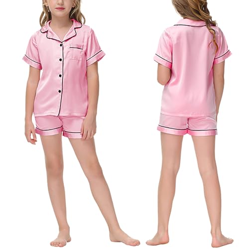 ACWOO Kinder Mädchen Schlafanzüge Kurzarm Satin, Satin-Pyjama-Set für Mädchen Schlafanzüge Button-Down Kurze Ärmel + Shorts, Zweiteilig Nachtwäsche 12-13 Jahre von ACWOO