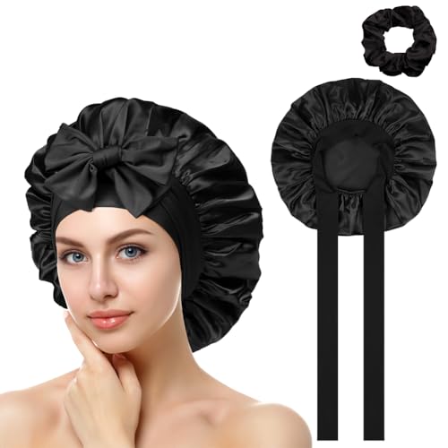 Seidenhaube zum Schlafen, Schlafhaube Seide Verstellbare Satin Haarhaube Atmungsaktive Haarhaube für die Nacht Weiche Silk Bonnet Schlafmütze für Damen und Mädchen, mit Haargummis von ACWOO