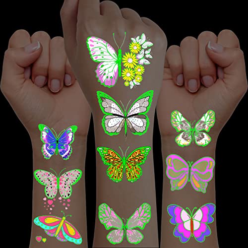 ACWOO Tattoo Kinder, 12 Blätter Temporäre Kindertattoos Set, Wasserdichte Schmetterling Leuchtend Aufkleber Tattoos Kinder Mädchen Sticker Bunter für Halloween Festival Weihnachten Party von ACWOO