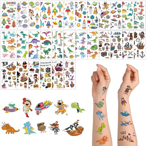 ACWOO Tattoo Kinder, 350+ Stücke Wasserdichte Kindertattoos Aufkleber mit Dinosaurier Weltraum Pirat, Temporäre Tattoos für Kindergeburtstag Party Mitgebsel Hautfreundliche Temporäre Kindertattoos von ACWOO