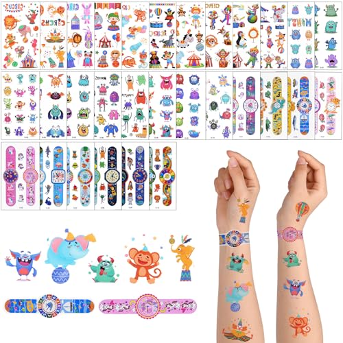 ACWOO Tattoo Kinder, 350+ Stücke Wasserdichte Kindertattoos Aufkleber mit Uhr Monster Zirkus, Temporäre Tattoos für Kindergeburtstag Party Mitgebsel Hautfreundliche Temporäre Kindertattoos von ACWOO