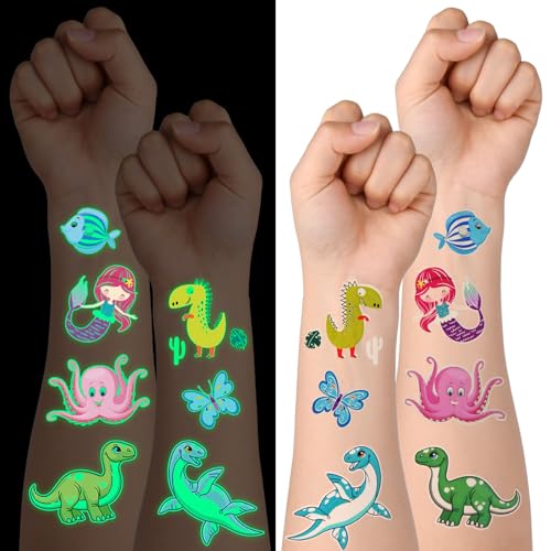 ACWOO Glitzer Tattoo Kinder, 350+ Stücke Dino Meerjungfrau Tier Ozean Blumenfee Tattoo Aufkleber, Tattoo Leuchten im Dunkeln Kinder, Leuchtend Temporäre Kindertattoos Sticker für Mädchen Jungen von ACWOO