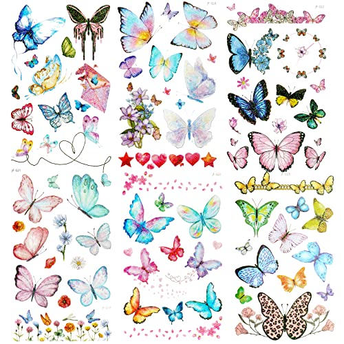 ACWOO Tattoo Kinder, 6 Blätter Temporäre Kindertattoos Set, Wasserdichte Schmetterling Aufkleber Tattoos Kinder Mädchen Sticker Bunter für Halloween Festival Weihnachten Party Kindergeburtstag von ACWOO