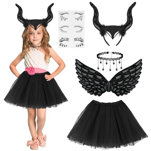ACWOO Teufel Kostüm Mädchen, Malefi-cent Kostüm Mädchen, 5 Stück Königin Hörner Kostüm, Maleficent Karneval Kostüm Mädchen, Halloween Kostüm Damen Teufel für Halloween Karneval Fasching Cosplay Party von ACWOO