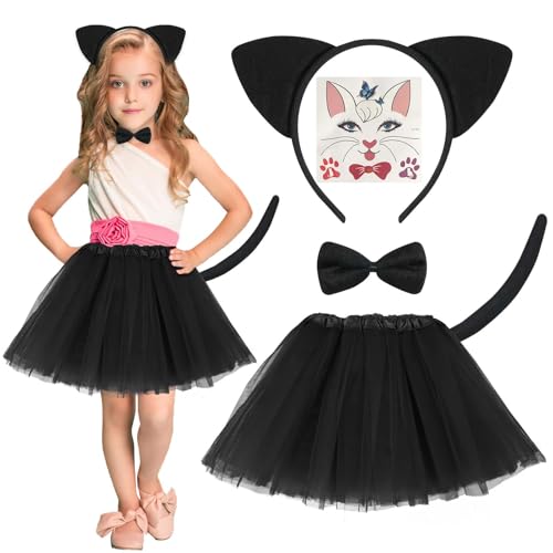 ACWOO Tierkostüm Kinder, 5 Stück Kostüm Set für Kinder,Katzenkostüm mit Ohren Haarreif Schwanz Tutu Rock Fliege Tattoo-Aufkleber, Tier Kostüm für Mädchen für Halloween Cosplay Geburtstag Weihnachten von ACWOO