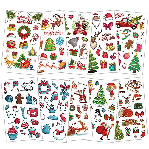 ACWOO Weihnachten Tattoo Kinder, 10 Blätter Temporäre Tattoos Kinder Set, Aufkleber Kinder Kindertattoos Sticker Tattoos Bunter für Weihnachten Kindergeburtstag Party Festival Geschenke von ACWOO