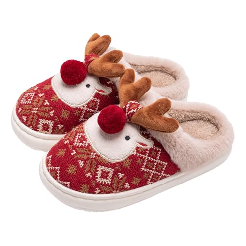 ACXMXQ Dicker Boden Pelzige Weihnachten Rentier Hausschuhe, Damen Wioesnter Hausschuhe, Weiche Frauen Hausschuhe Zuhause Indoor Freizeitschuhe,Rot,38/39 EU von ACXMXQ