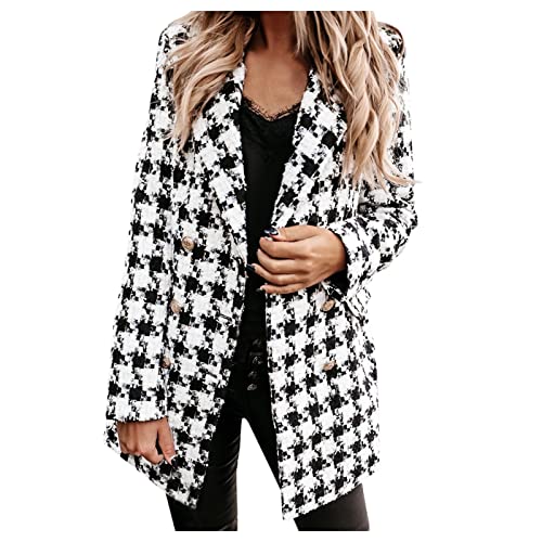 ACemt Blazer Kariert Damen Wolle - Long Blazer Für Damen Kariert, Winter Sakko Wolle Langärmeliger Blazer-Mantel Mode Knielänge Einreiher Coat Freizeit Business Jacke Mit Taschen Knöpfe Revers Mäntel von ACemt