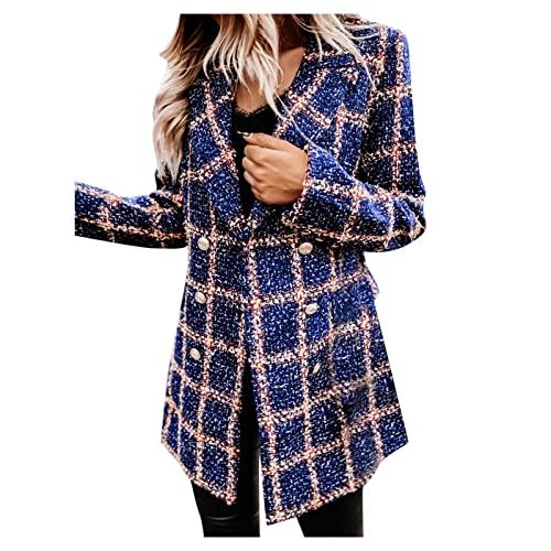ACemt Blazer Kariert Damen Wolle - Long Blazer Für Damen Kariert, Winter Sakko Wolle Langärmeliger Blazer-Mantel Mode Knielänge Einreiher Coat Freizeit Business Jacke Mit Taschen Knöpfe Revers Mäntel von ACemt