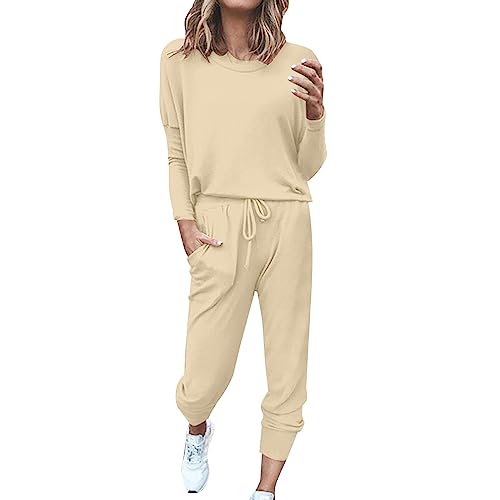 ACemt Damen Hausanzug 2-Teilig Elegant - Freizeitanzug Herren Baumwolle Ohne Kapuze, Damen Jogginganzug Kuschelig Sportanzug Set Tracksuit Langarm Rundhalsausschnitt Einfarbig Zweiteiler Outfit von ACemt