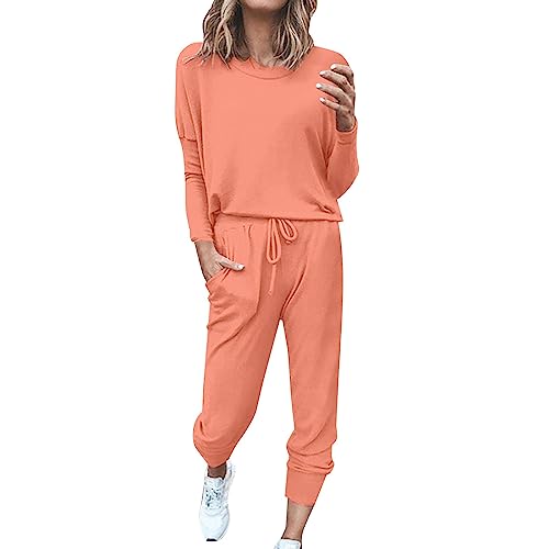 ACemt Damen Hausanzug 2-Teilig Elegant - Freizeitanzug Herren Baumwolle Ohne Kapuze, Damen Jogginganzug Kuschelig Sportanzug Set Tracksuit Langarm Rundhalsausschnitt Einfarbig Zweiteiler Outfit von ACemt