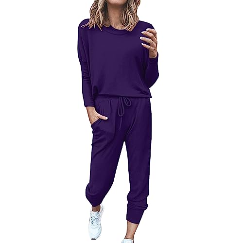 ACemt Damen Hausanzug 2-Teilig Elegant - Freizeitanzug Herren Baumwolle Ohne Kapuze, Damen Jogginganzug Kuschelig Sportanzug Set Tracksuit Langarm Rundhalsausschnitt Einfarbig Zweiteiler Outfit von ACemt