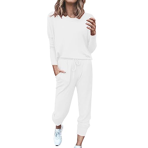 ACemt Damen Hausanzug 2-Teilig Elegant - Freizeitanzug Herren Baumwolle Ohne Kapuze, Damen Jogginganzug Kuschelig Sportanzug Set Tracksuit Langarm Rundhalsausschnitt Einfarbig Zweiteiler Outfit von ACemt