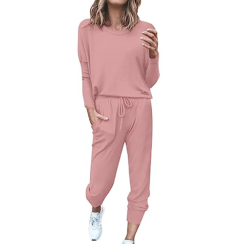 ACemt Damen Hausanzug 2-Teilig Elegant - Freizeitanzug Herren Baumwolle Ohne Kapuze, Damen Jogginganzug Kuschelig Sportanzug Set Tracksuit Langarm Rundhalsausschnitt Einfarbig Zweiteiler Outfit von ACemt