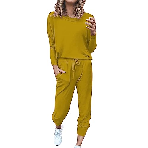 ACemt Damen Hausanzug 2-Teilig Elegant - Freizeitanzug Herren Baumwolle Ohne Kapuze, Damen Jogginganzug Kuschelig Sportanzug Set Tracksuit Langarm Rundhalsausschnitt Einfarbig Zweiteiler Outfit von ACemt
