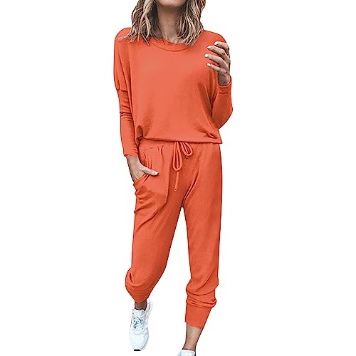 ACemt Damen Hausanzug 2-Teilig Elegant - Freizeitanzug Herren Baumwolle Ohne Kapuze, Damen Jogginganzug Kuschelig Sportanzug Set Tracksuit Langarm Rundhalsausschnitt Einfarbig Zweiteiler Outfit von ACemt