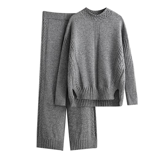 ACemt Strick Set Damen Zweiteiler - Strick Zweiteiler Damen Mit Hose Winter Pyjama Sets Oberteile Hosen 2-Teilige Loungewear Langarm Weitem Hose Pullover Strickanzug Rundhals Sweater Freizeitanzug von ACemt