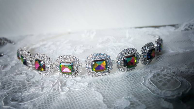Strass Braut Haarband Quadrat Smaragd Stein, Silber Metall Strass Braut Haarband Quadrat Smaragd Stein, Silber Metall von ACherieCouture