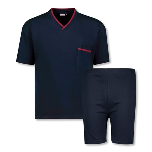 ADAMO Kurzes Herren Schlafanzug Set VS-Shorty 100% Baumwolle, Navy, Größe 7XL I Kurzer Pyjama Uni Hemd mit V-Ausschnitt & Kurze Hose mit Gesäßtasche von ADAMO