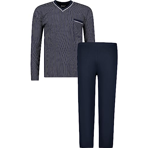 ADAMO Herren Schlafanzug lang 100% Baumwolle, Navy, 6XL I Angenehmer Herren Pyjama lang I Hemd mit V-Ausschnitt & Brusttasche I Hose mit Gesäßtasche von ADAMO