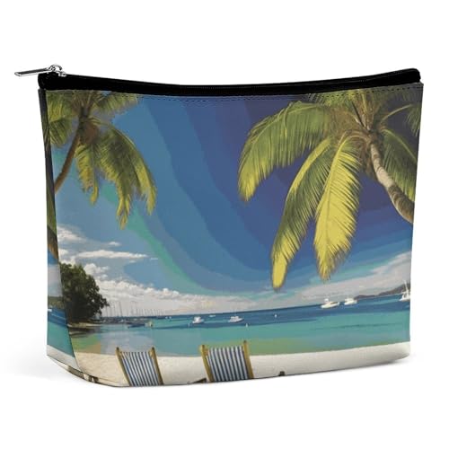ADASGHBY Tragbare kleine Kosmetiktasche, niedliche Reise-Make-up-Tasche, Strand, Palme, Stühle, Boote, wasserdichte Kulturtasche für Damen, Strand Palme Stühle Boote, Einheitsgröße von ADASGHBY