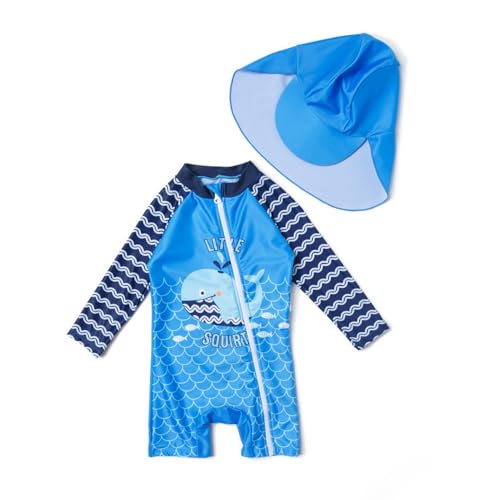 ADAVERANO Baby Jungen Repreve® Recycelter Badeanzug/Sonnenanzug UPF 50+ Einteiliger Ganzlängen-Reißverschluss Kappe.(Wal,80-86cm) von ADAVERANO